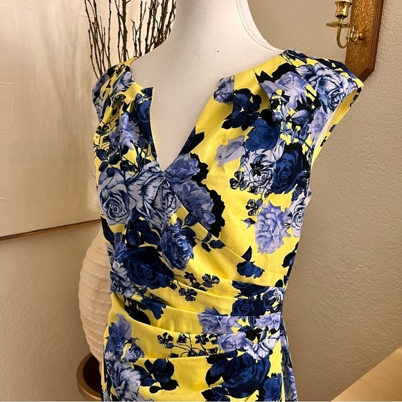 ADRIANNA PAPPEL Yellow Blue Floral Midi Cocktail Dress Size 8‎ - Picture 2 of 9